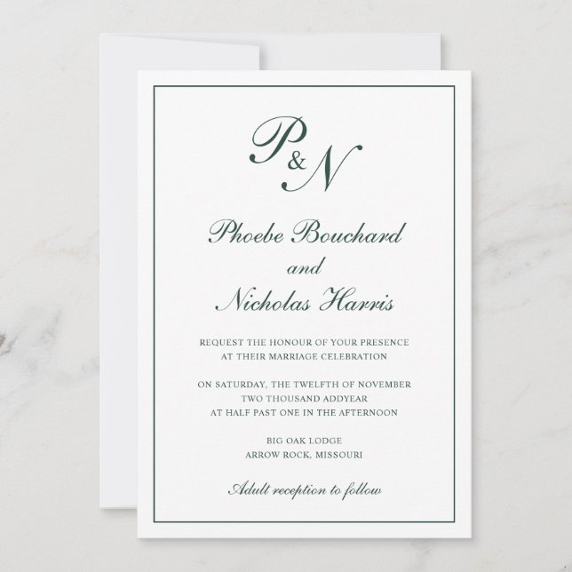 Monogram Elegant Forest Green All In One Wedding Invitation (Front)