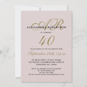 Monogram elegant forty birthday blush pink gold  invitation