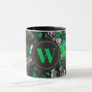 Monogram elegant glitter green grey black sequins mug