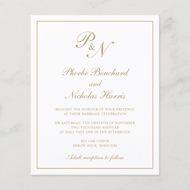 Monogram Elegant Gold Budget Wedding Invitation (Front)