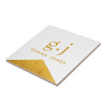 Monogram Elegant Gold Faux Foil White Tile<br><div class="desc">An elegant gold and white ceramic tile for home or business, featuring a simple clean modern minimalist gold monogram with simple lower case serif typography initials, and a faux gold foil triangle shape accent on white. A punctuation mark (period) divides the first and last initial as a simple design element...</div>