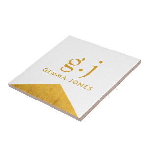 Monogram Elegant Gold Faux Foil White Tile