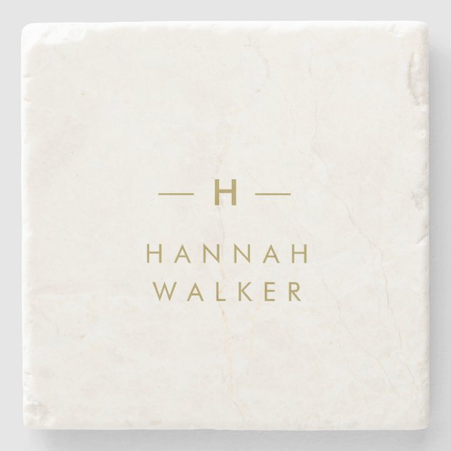 Monogram | Elegant Gold Minimalist Marble Stone Coaster (Front)