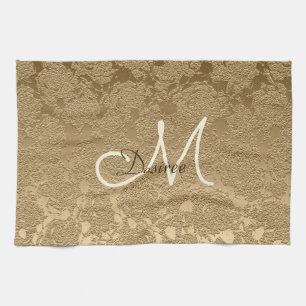 Monogram Elegant Gold Modern Girly Floral Tea Towel