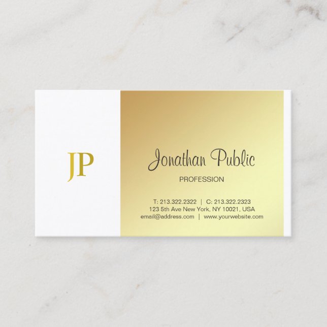 Monogram Elegant Gold White Plain Luxury Script Business Card (Front)