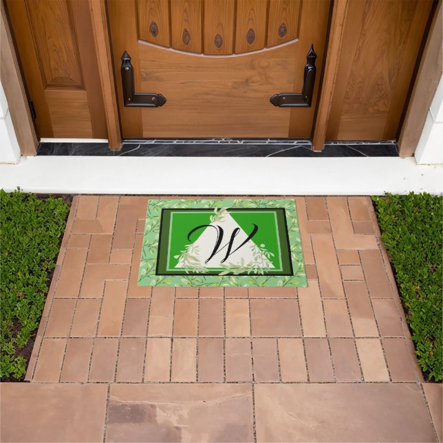 Monogram Elegant Green Leaves Doormat (Outdoor)