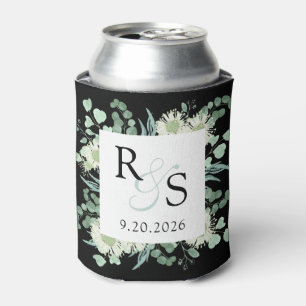 Monogram Elegant Greenery Black Wedding Can Cooler
