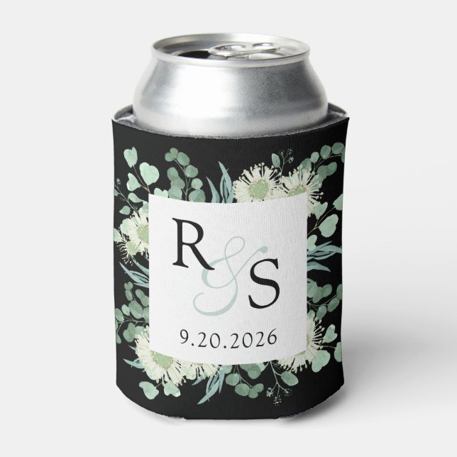 Monogram Elegant Greenery Black Wedding Can Cooler (Can Front)