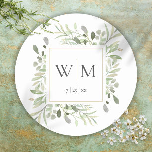 Monogram Elegant Greenery Gold Wedding Classic Round Sticker