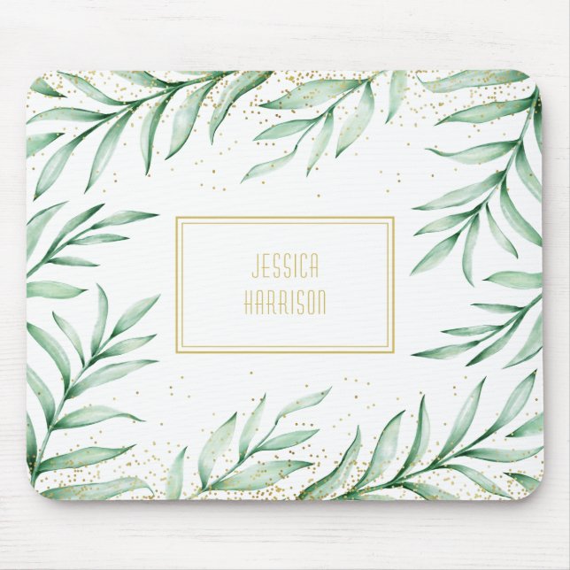 Monogram Elegant Greenery Watercolor Leaves Mouse Mat (Front)