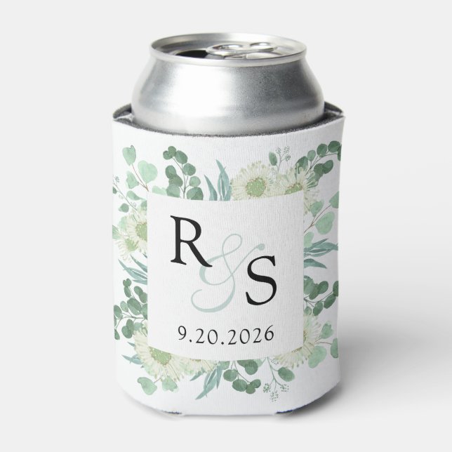 Monogram Elegant Greenery Wedding Can Cooler (Can Front)