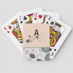 Monogram Elegant Grey Blue Peach Floral Pattern Playing Cards