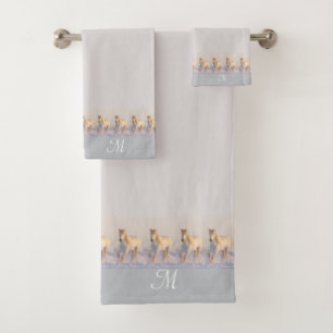 Monogram, Elegant, Horses on Gainsboro Ashy Gray Bath Towel Set