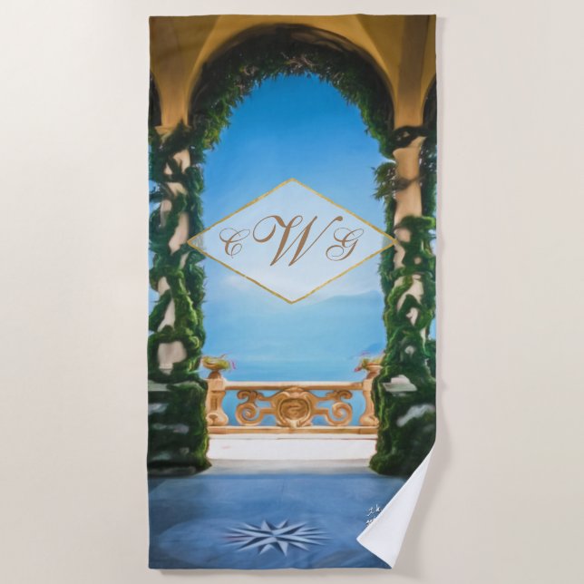 Monogram Elegant Italian Villa Lake Como Fine Art Beach Towel (Front)