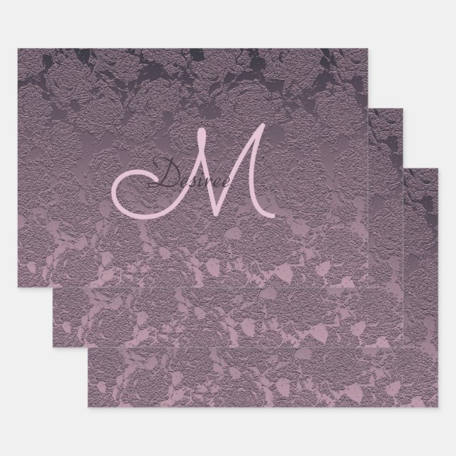 Monogram Elegant Lavender Mauve Purple Floral Wrapping Paper Sheet (Set)