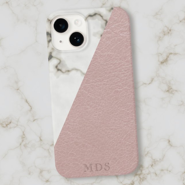 Monogram Elegant Marble Blush Pink Faux Leather  Case-Mate iPhone Case (A faux and fabulous blush pink leather marble combo with your initials)