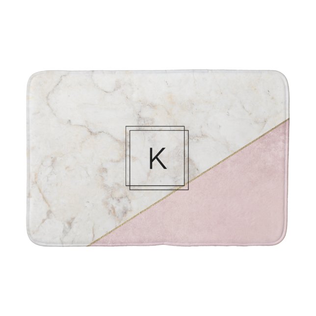 Monogram Elegant Marble Minimalist Rose Gold Bath Mat (Front)