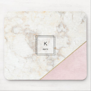 Monogram Elegant Marble Minimalist Rose Gold Mouse Mat