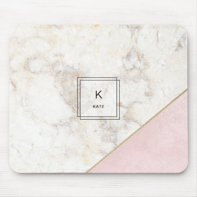 Monogram Elegant Marble Minimalist Rose Gold Mouse Mat (Front)