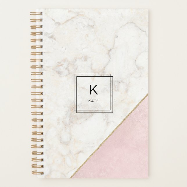 Monogram Elegant Marble Minimalist Rose Gold Planner (Front)