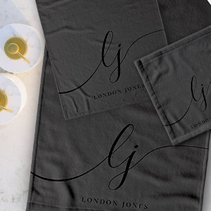 Monogram Elegant Minimal Black Calligrapy Bath Towel Set