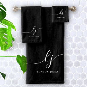 Monogram Elegant Minimal Black White Chic Bath Towel Set