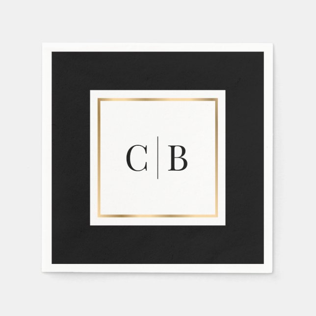 Monogram Elegant Minimal Black White Gold Wedding Napkin (Front)