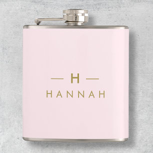 Monogram Elegant Minimal Blush Pink and Gold Hip Flask