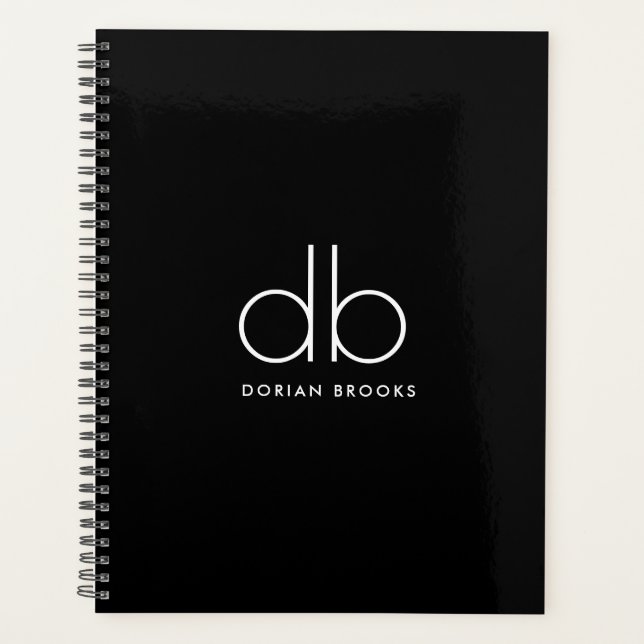 Monogram Elegant Minimal Classic Modern Black Planner (Front)