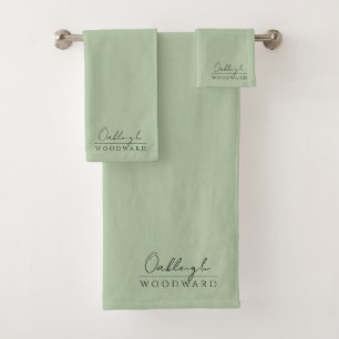 Monogram Elegant Minimal Sage Green  Bath Towel Set