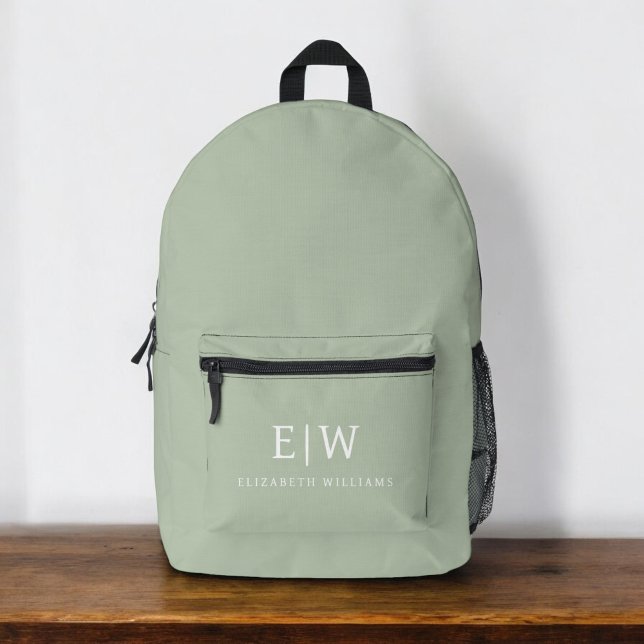 Monogram Elegant Minimal Sage Green Printed Backpack (Creator Uploaded)