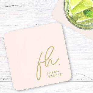 Monogram Elegant Minimalist Script Blush Pink Gold Coaster
