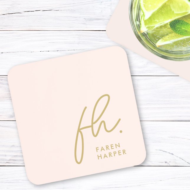 Monogram Elegant Minimalist Script Blush Pink Gold Coaster (Creator Uploaded)
