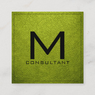 Monogram Elegant Modern Acid Green Leather Square Business Card