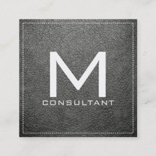 Monogram Elegant Modern Battleship Grey Leather Square Business Card