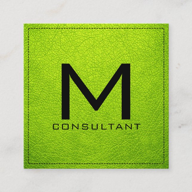 Monogram Elegant Modern Bitter Lime Leather Square Business Card (Front)