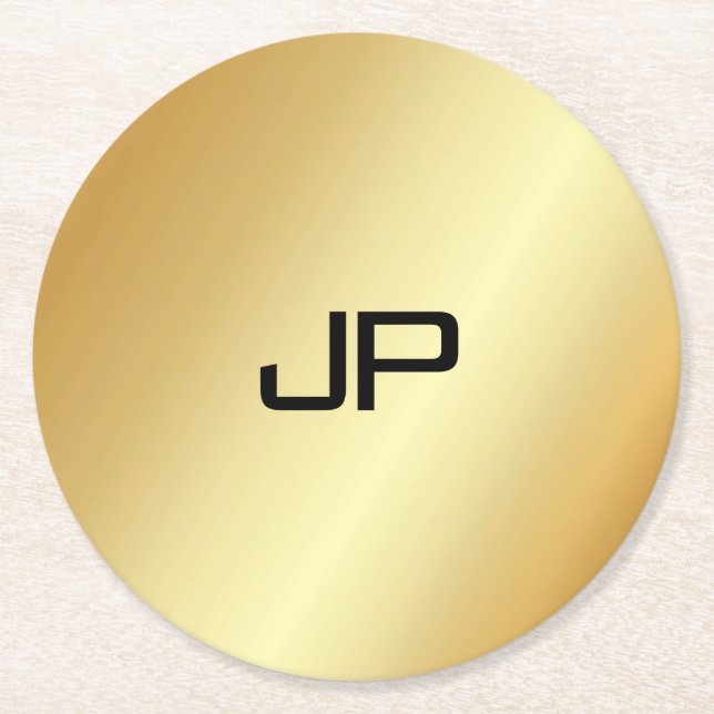 Monogram Elegant Modern Gold Look Template Round Paper Coaster (Front)