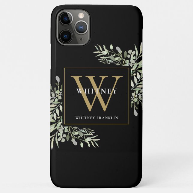Monogram Elegant Modern Greenery Black Gold  Case-Mate iPhone Case (Back)