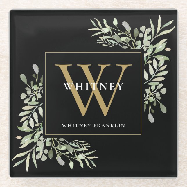 Monogram Elegant Modern Greenery Black Gold Glass Coaster (Front)