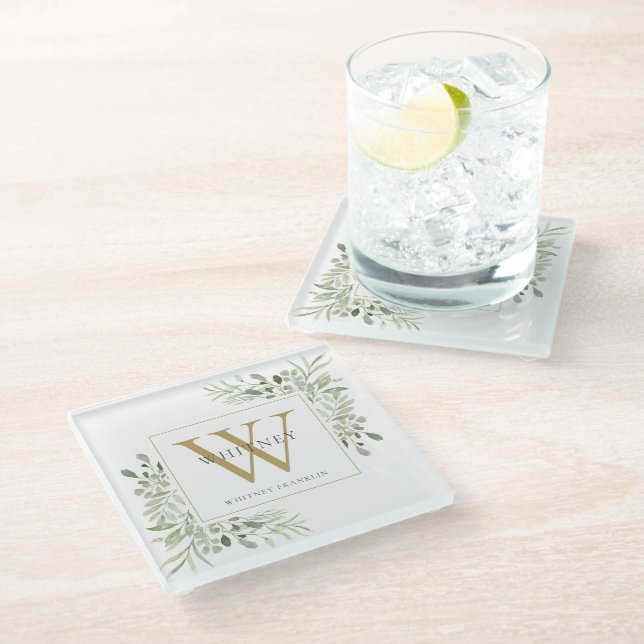 Monogram Elegant Modern Greenery Gold Glass Coaster (Angled)