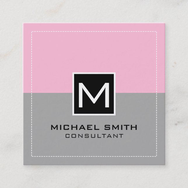 Monogram Elegant Modern Grey Cotton Candy Square Business Card (Front)