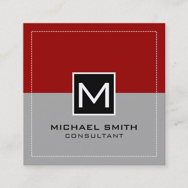 Monogram Elegant Modern Grey Crimson Red Square Business Card (Front)