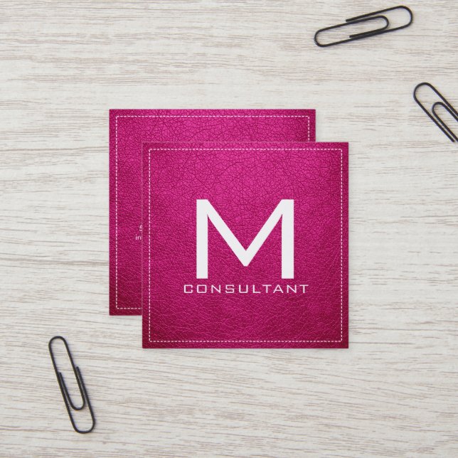 Monogram Elegant Modern Pink Leather Square Business Card (Front/Back In Situ)