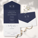 Monogram Elegant Navy Blue And Gold Wedding All In One Invitation<br><div class="desc">This chic minimalist all-in-one wedding invitation can be personalised with your monogram initials and wedding day information on a navy blue background. The invitation includes a perforated RSVP card that can be individually addressed or left blank for you to handwrite your guest's address details. Designed by Thisisnotme©</div>