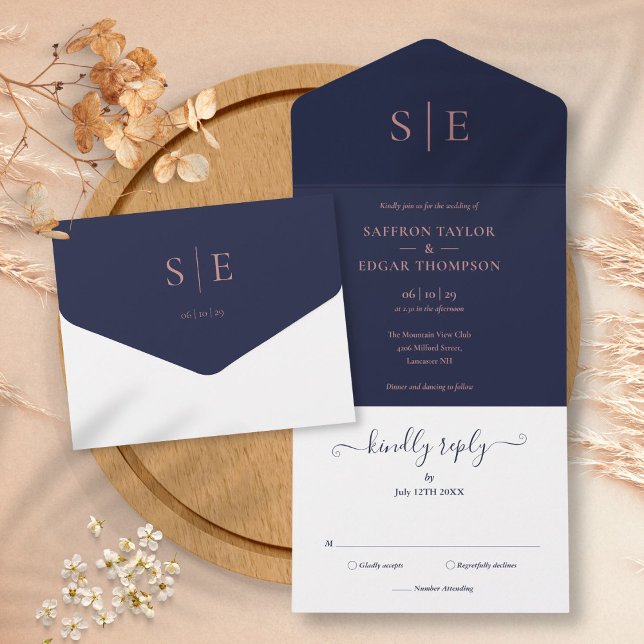 Monogram Elegant Navy Blue And Rose Gold Wedding All In One Invitation (Monogram Elegant Navy Blue And Rose Gold Wedding All In One Invitation)
