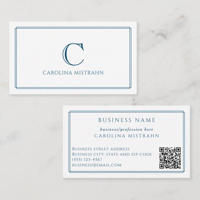Monogram Elegant Navy Blue Border QR Code Business Card (Front/Back)