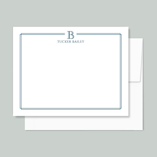 Monogram Elegant Navy Blue Border Stationery Card (Creator Uploaded)