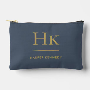 Monogram Elegant Navy Blue Gold Monogrammed Name Accessory Pouch