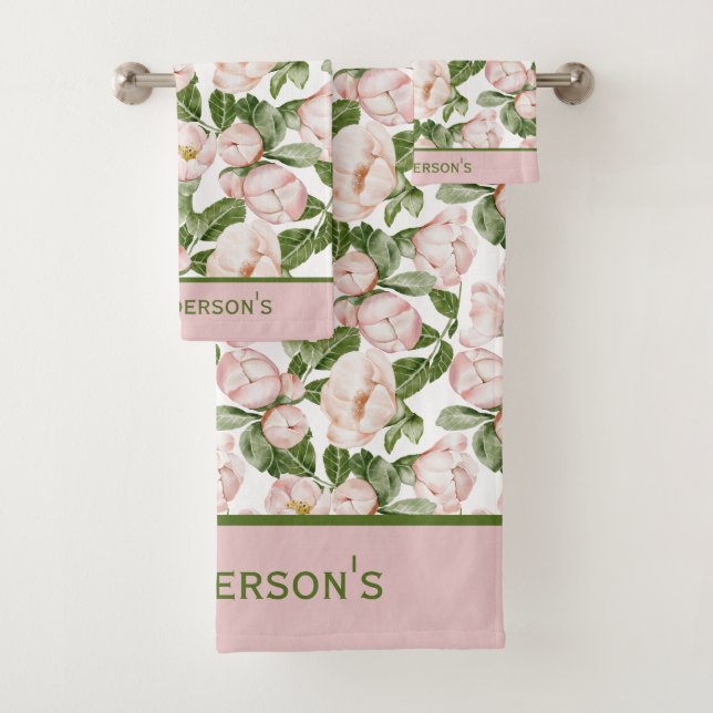 Monogram Elegant Pink Green Floral Flower Greenery Bath Towel Set (Insitu)