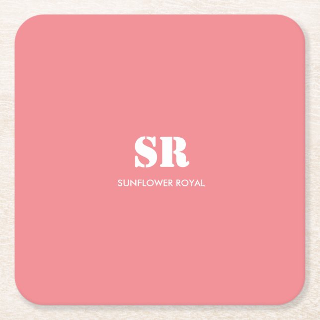 Monogram Elegant Pink Minimal  Square Paper Coaster (Front)